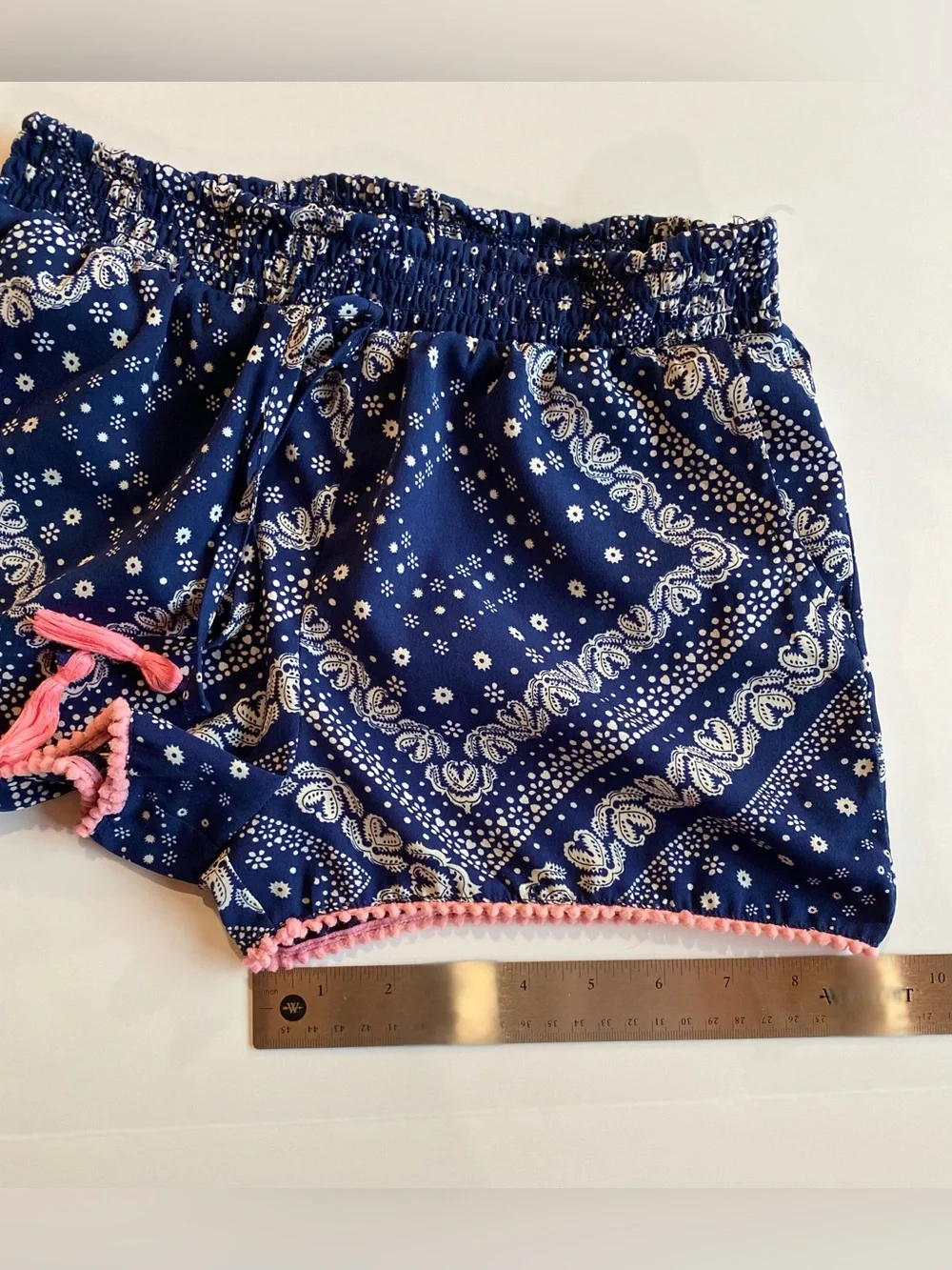 Girls' Navy Print Shorts with Pink Pom Trim